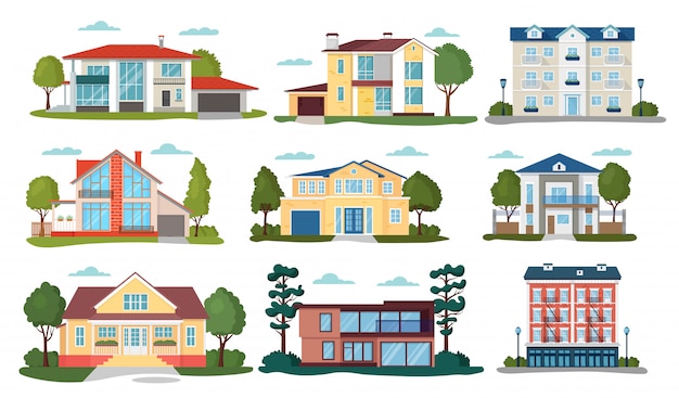 Modern house illustrations, cartoon flat home apartment, facade exterior of residential building set icons isolated on white