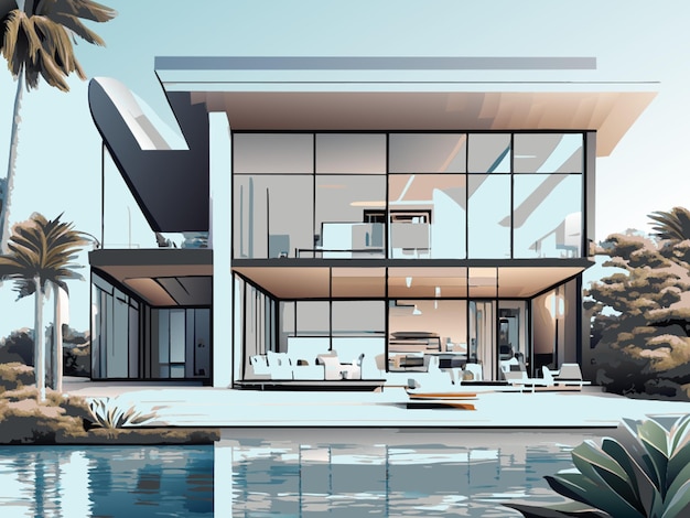 Vector modern house with a huge veranda on the beach in 3d vector illustration