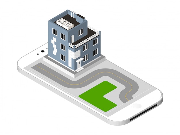 modern house with a road standing on the smartphone screen. Urban dwelling Building with a windows and air-conditioning. Vector illustration isolated