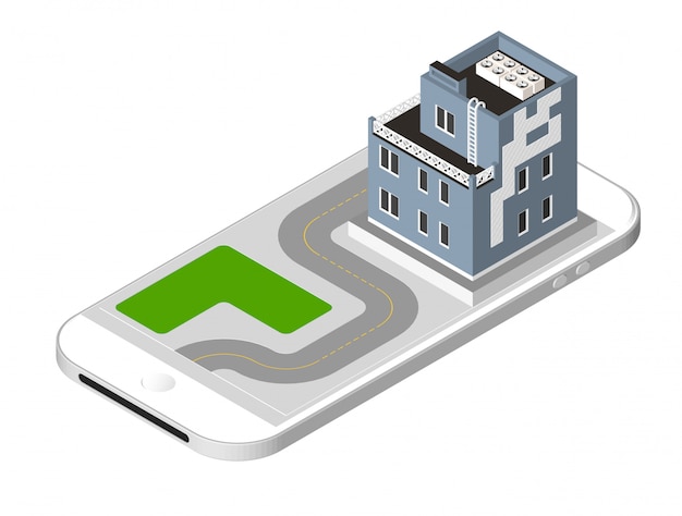 modern house with a road standing on the smartphone screen. Urban dwelling Building with a windows and air-conditioning. Vector illustration isolated