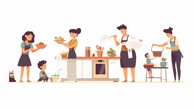 Vector modern housework women characters cooking and cleaning in kitchen