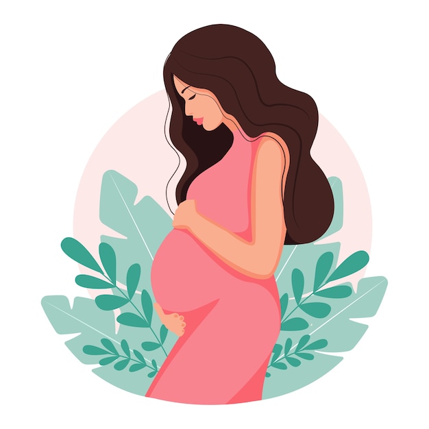 A modern illustration about pregnancy and motherhood. beautiful young woman with long hair. Minimal design,  illustration in cartoon flat style.