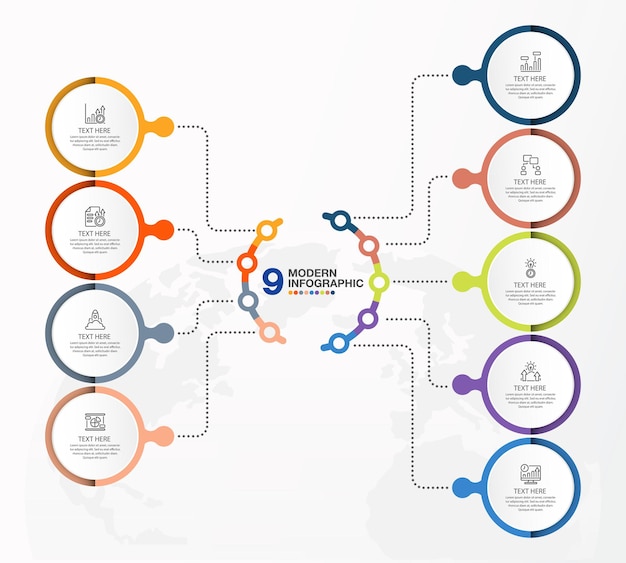 Modern infographic template with 9 steps process or options