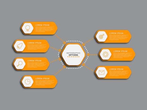 Modern infographic template with seven orange hexagonal elements on a gray background