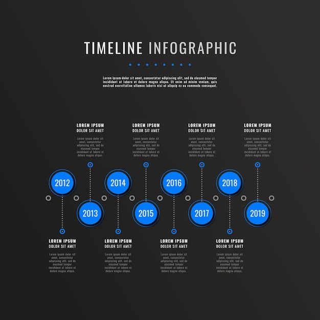 Modern infographic timeline template with eight blue round elements on a black background