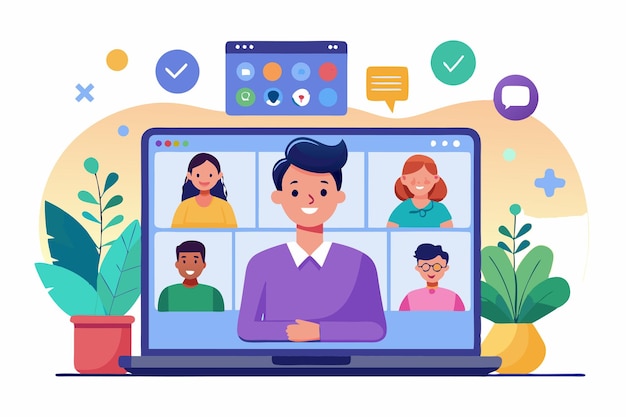 A modern interface presents various participants engaged in a virtual meeting using a video call application Video Call Template Meeting App Flat Vector UI Interface