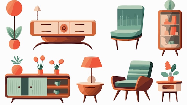 Vector modern interior decor set with retro furniture cartoon style