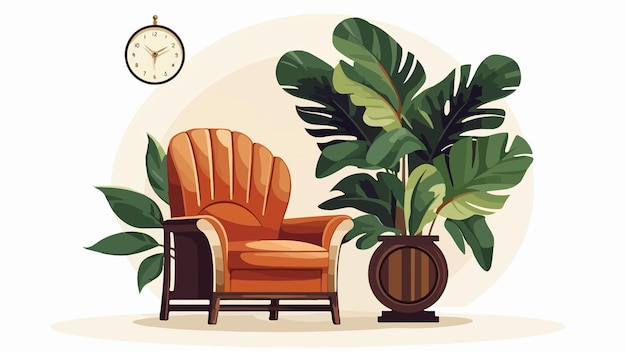 Modern Interior Decoration with Armchair Plant and Clock in Flat Vector Style