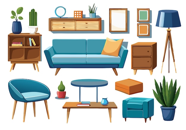 Vector modern interior design with sofa set flat vector isolated