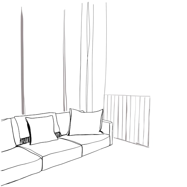 Modern interior room sketch Hand drawn sofa