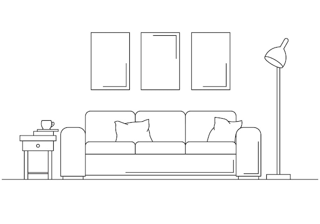 Modern interior Sofa floor lamp and bedside table The clock hangs on the wall In front of the sofa is a carpet Vector illustration in a linear style