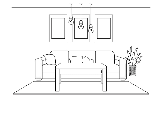 Modern interior Sofa lamp and bedside table The clock hangs on the wall In front of the sofa is a carpet Vector illustration in a linear style