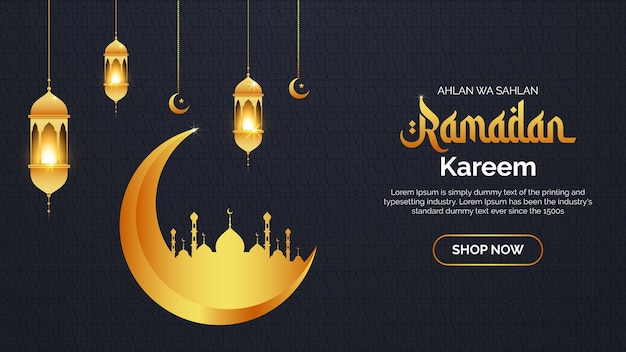 Modern Islamic ramadan kareem background with mosque crescent moon lantern Premium Vector