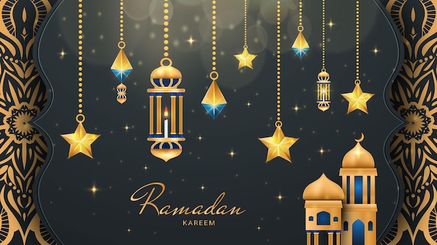 Modern Islamic Ramadan Kareem banner background with crescent pattern moon star mosque lantern