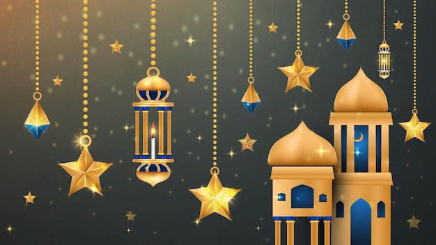 Modern Islamic Ramadan Kareem banner background with crescent pattern moon star mosque lantern