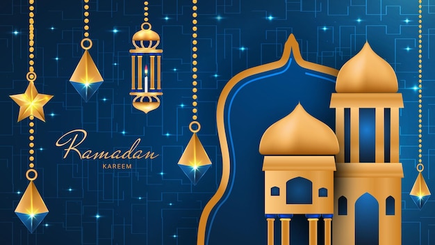 Modern Islamic Ramadan Kareem banner background with crescent pattern moon star mosque lantern