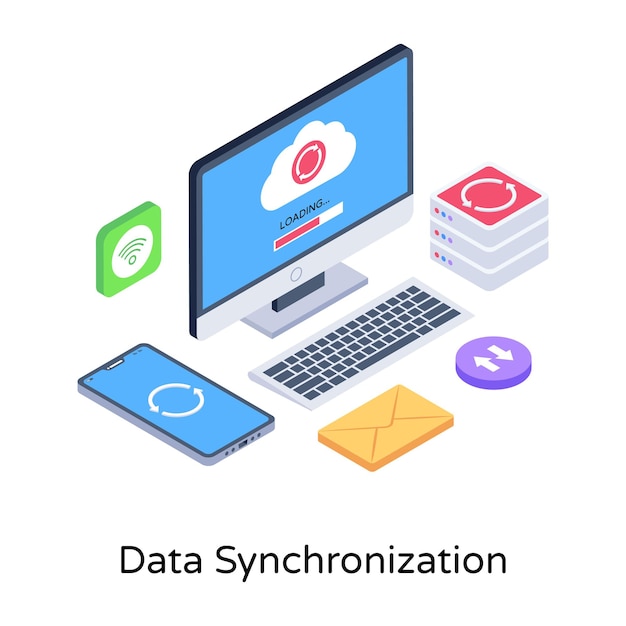 A modern isometric illustration data synchronization