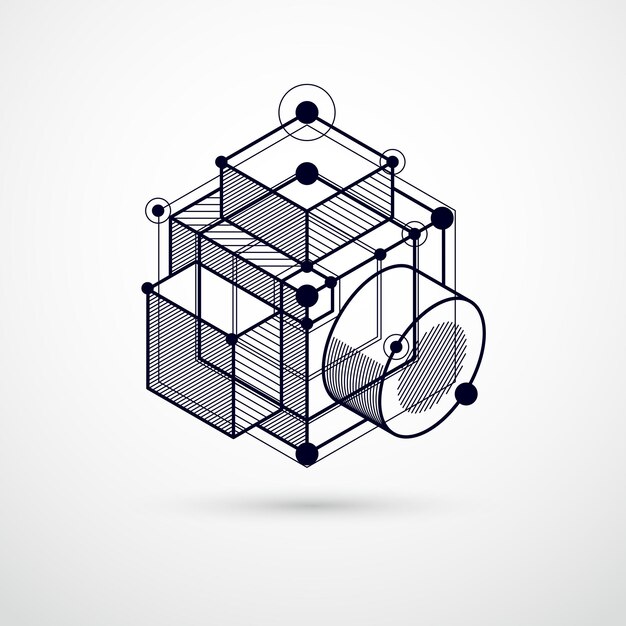 Modern isometric vector abstract black and white background with geometric element. Layout of cubes, hexagons, squares, rectangles and different abstract elements.