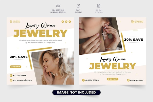 Modern jewelry business social media post vector with abstract shapes Ornaments promotional web banner design with geometric shapes Special jewelry sale poster vector with photo placeholders