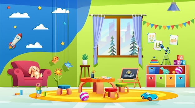 Modern kids playroom interior design. Kindergarten classroom with furniture, stationery and toys