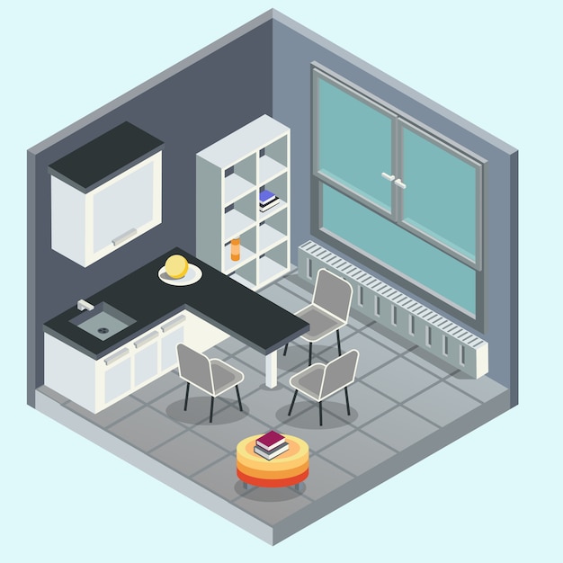 Modern kitchen interior. Conceptual 3d isometric flat illustration. Vector isolated