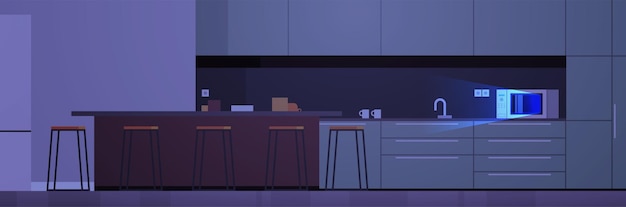 Vector modern kitchen interior no people and home appliances dark night concept flat design illustration.