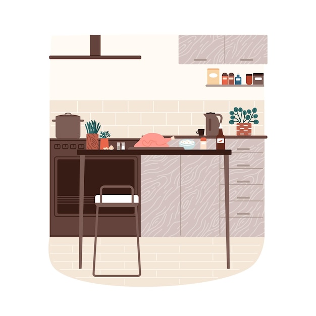 Modern kitchen minimalistic interior vector flat illustration. Comfortable cooking area with ingredients for dinner at table isolated. Empty furnishing home culinary room with chicken and spices.