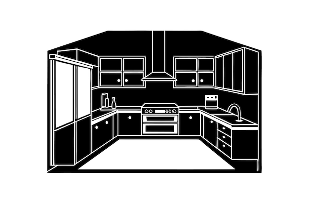 A modern kitchen room interior silhoouetteline art vector on white background