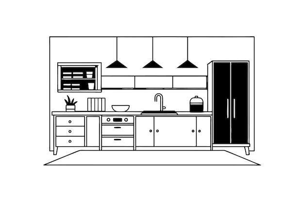 A modern kitchen room interior silhoouetteline art vector on white background