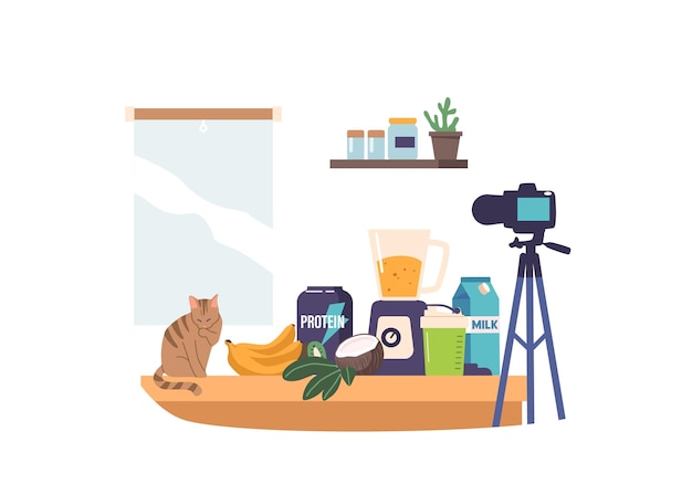 Vector modern kitchen space designed for a food blogger featuring a dedicated area for sport nutrition products and a camera setup for capturing delicious culinary creations cartoon vector illustration