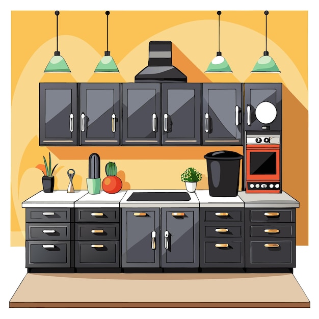 Vector a modern kitchen with black cabinets a stove an oven and a trash can