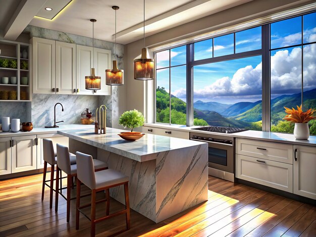 Vector modern kitchen with island and mountain view