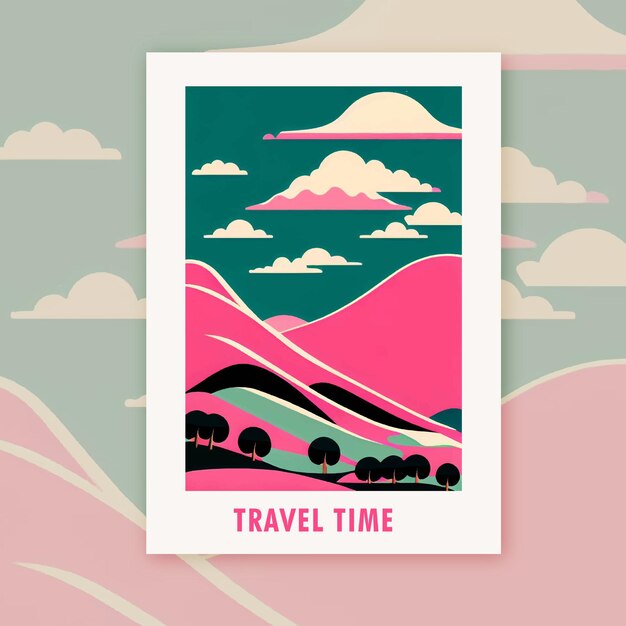 Vector modern landscape illustration in pink travel time art print