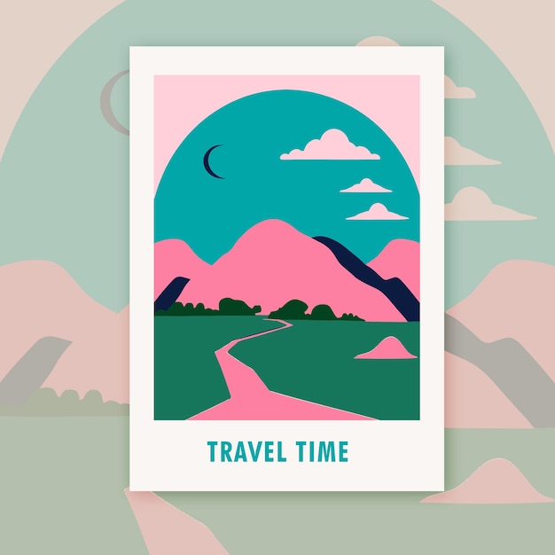 Vector modern landscape illustration in pink travel time art print