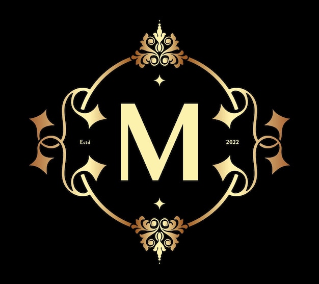 Modern Letter M Monogram. Luxury Frame Border Decor Architecture Vintage Logo Template