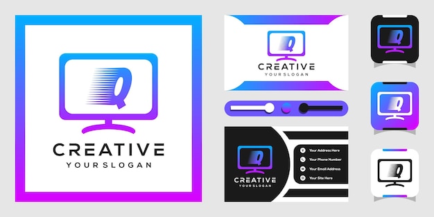 modern lettering q logo design with monitor