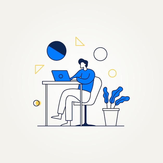 modern line art flat design concept of business businessman marketer working at the laptop