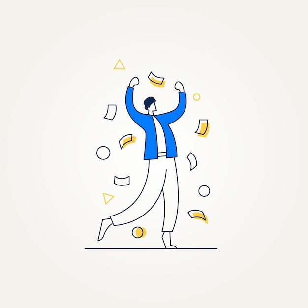 modern line art flat web design happy young man get reward with scattered money