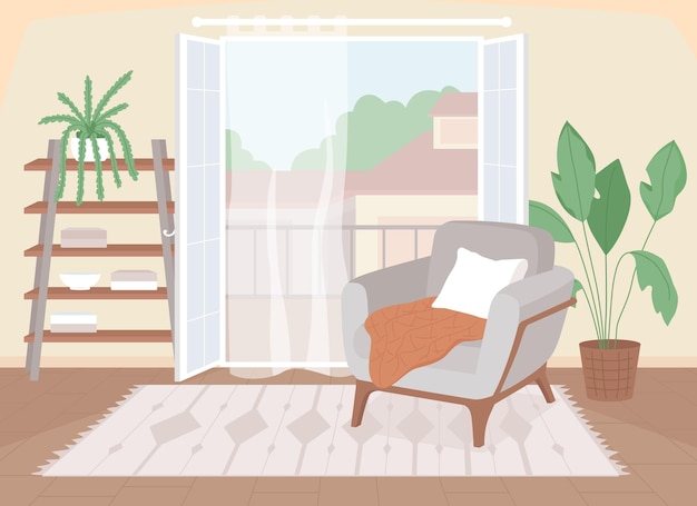 Modern living room flat color vector illustration. Armchair with pillow and blanket at home. Large window. Trendy apartment. Nordic style 2D cartoon interior with furnishing on background