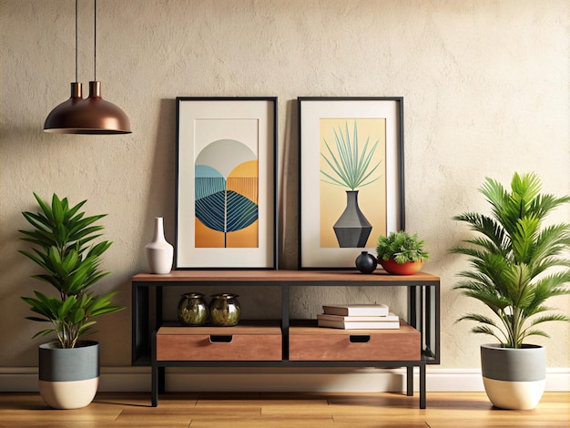 Vector modern living room interior with abstract art and plants