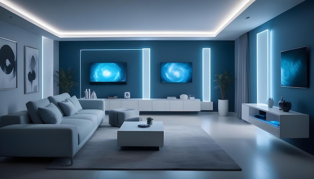 Vector a modern living room interior with a blue sofa a coffee table two tvs and blue accent lights the room is lit with warm ambient lighting