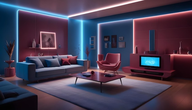 Vector a modern living room interior with a blue sofa a red armchair and a tv all illuminated by warm and cool neon lights the overall aesthetic is sleek and stylish