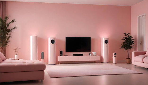 Vector a modern living room interior with a pink sofa two pink floor lamps a tv and two plants the room has a minimalist style with pink ambient lighting