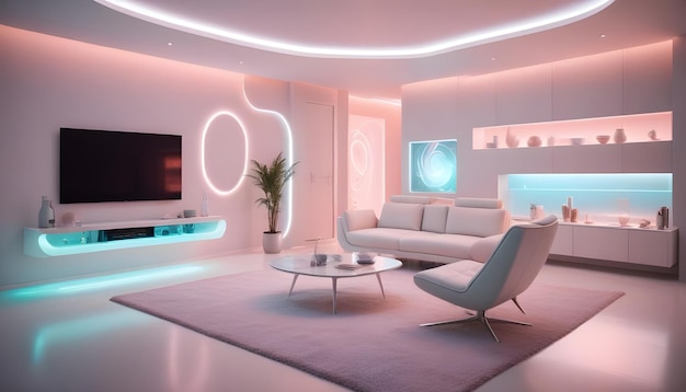 Vector a modern living room interior with white furniture and pink and blue neon lighting giving it a futuristic and minimalist feel