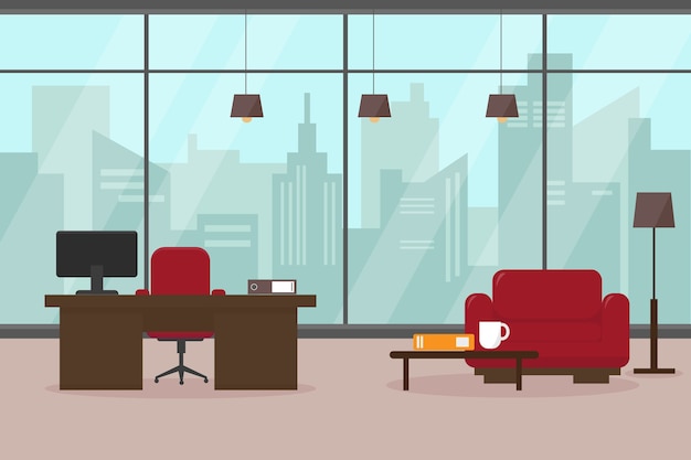 Modern living room or office with big window and furniture. Workplace in big modern city.