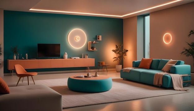 Vector a modern living room with a blue sofa a turquoise ottoman a large television and a wooden console the walls are painted in a teal color and the overall aesthetic is sleek and minimalist