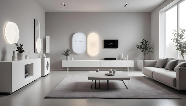 Vector a modern living room with a white sofa a coffee table a tv and accent lighting creating a minimalist and sophisticated design