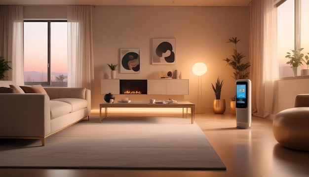 Vector a modern living room with a white sofa a fireplace a smart speaker and a window with a city view at sunset