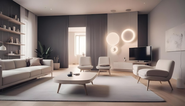 Vector a modern living room with a white sofa two white armchairs and a tv the room has a minimalist design with subtle lighting