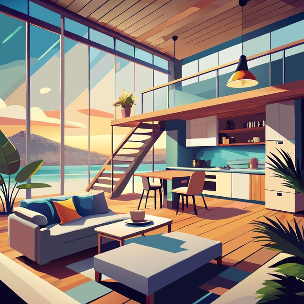 Vector modern loft apartment interior with a beautiful ocean view and a comfortable couch